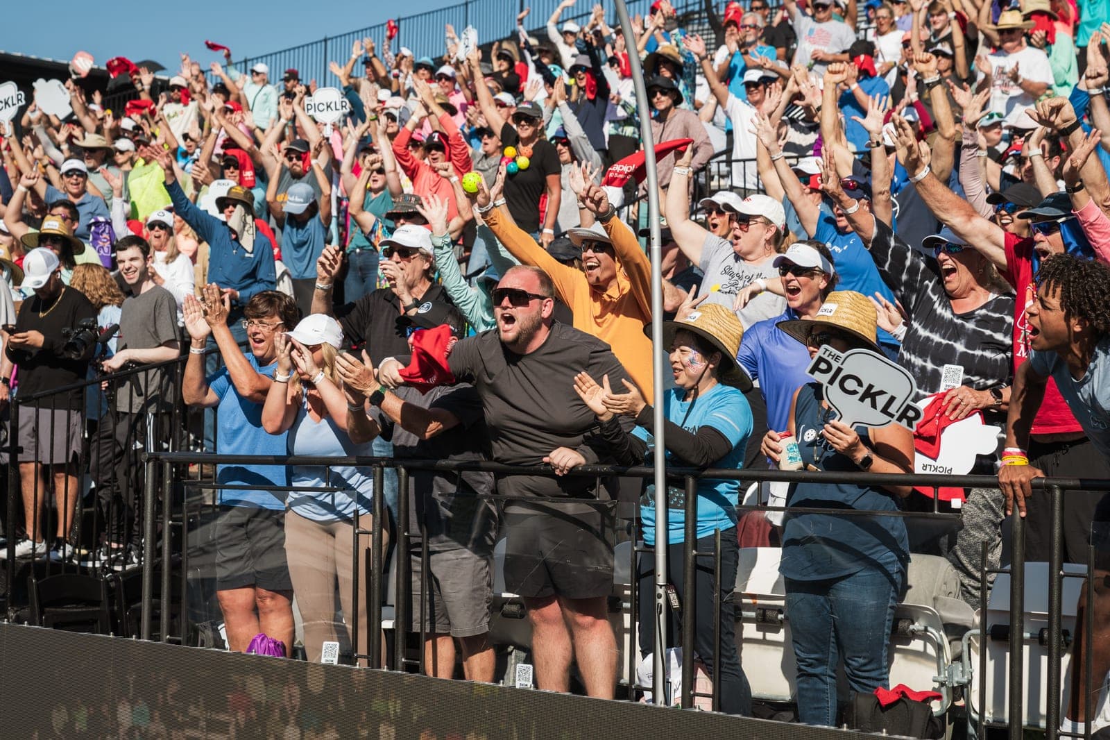 A packed stadium crowd on its feet, arms raised, celebrating a point on Championship Sunday